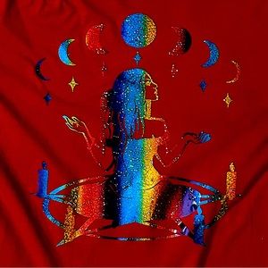 Occult Witches Circle 🌝 Moon Alter Rainbow Holographic Print T Shirt-RED